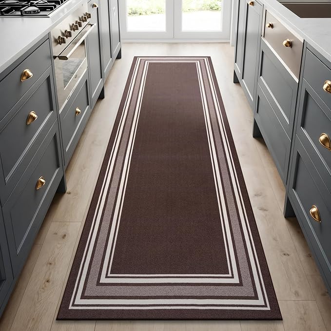 Beverly Rug Non Slip Area Rugs 2x7 Modern Bordered Non Skid Rubber Backing Soft Runner Rug for Living Dining Room Easy to Clean Non Shedding Kitchen Bedroom Indoor Carpet 2 x 7 Brown