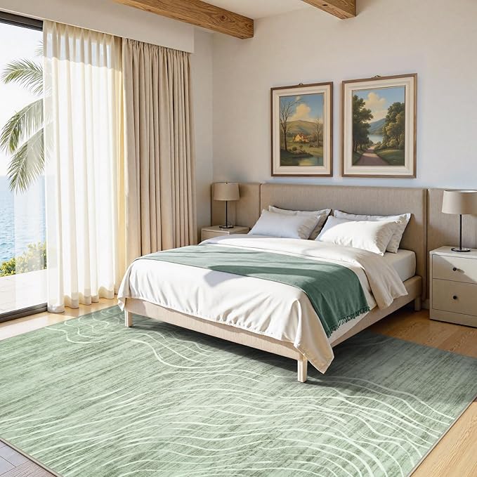 LIVEBOX 8x10 Modern Area Rugs for Living Room, Abstract Non-Slip Washable Rugs, Minimalist Wave Striped Neutral Boys Girl Nursery Area Rug for Bedroom, Carpet for Playroom Office(Sage Green,8'x10')