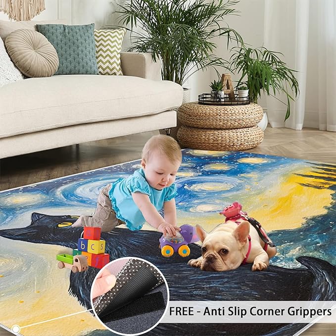 Black Cat Rugs for Bedroom - 3x5 Area Rug - Starry Sky Countryside Rugs for Living Room, Vintage Oil Painting Art Rug, Washable Home Decor Carpet
