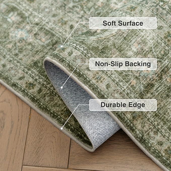 FMFUNCTEX 4x6 Washable Area Rug Green Neutral Vintage Distressed Non Slip Low Pile Traditional Entryway Indoor Carpet for Living Room Bedroom Soft Retro Mat Throw Rug for Dining Office Entrance