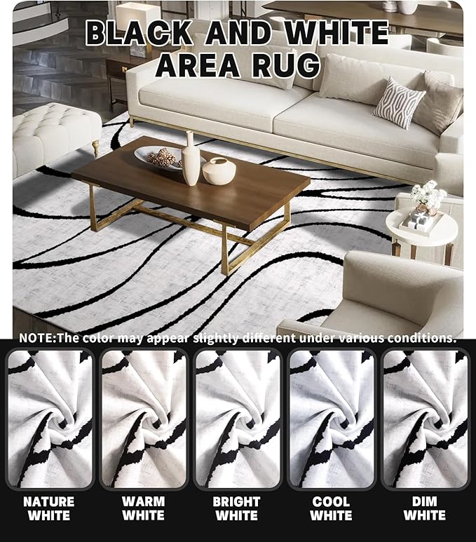 YIHOUSE Modern Rugs 6x9, Washable Black and White Area Rug, Thin Abstract Geometric Minimalist Striped Rug, White Rugs for Living Room,Bedroom,Kitchen,Dining Room,Office