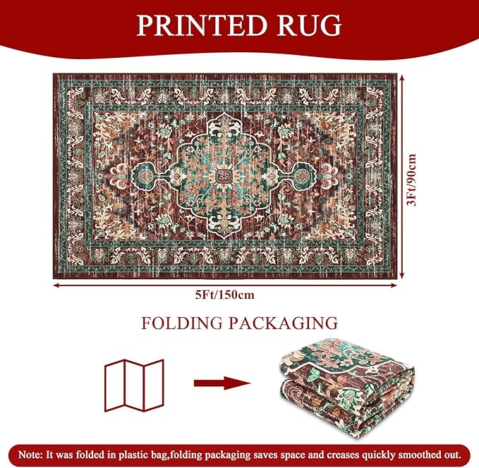 U'Artlines Boho Vintage Area Rug 3x5 Machine Washable Low Pile Ultra-Thin Soft Floor Carpet Non Slip Non Shedding Accent Rug for Living Room Bedroom Entryway Dining Room Office Rust＆Teal