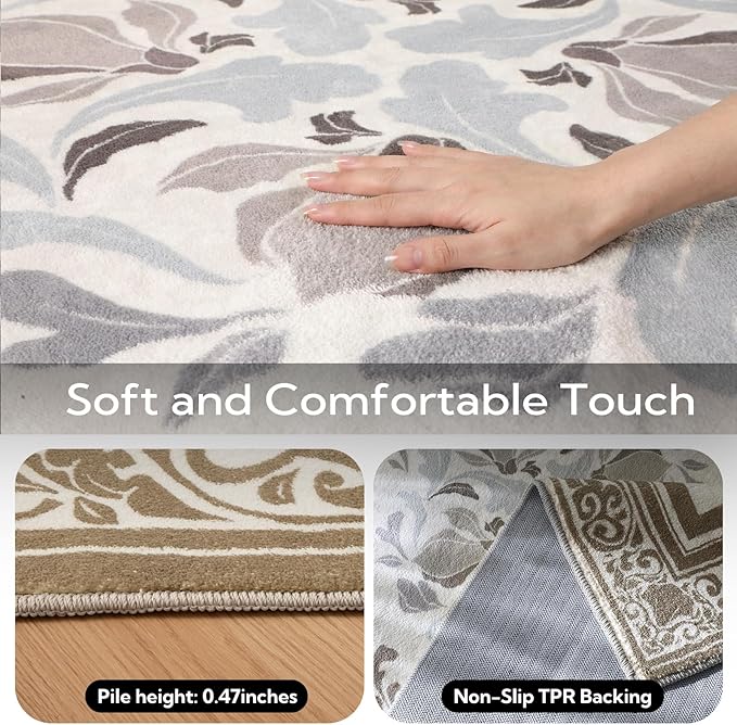 SOULFUL Medium Pile 8x10 Rugs for Living Room - Cozy Soft Underfoot Large Area Rug - Brown Boho Floral - Washable Non-Slip - Perfect for Bedroom Kids Room Under Dining Table Office