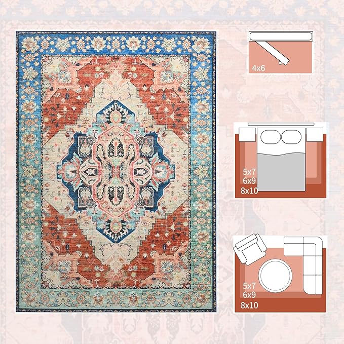 Large Area Rugs 8x10, Low Pile Washable Rugs, Soft Vintage Distressed Rugs for Living Room Bedroom, Office, Dining Room, Water Repellent & Non Shedding, Terracotta