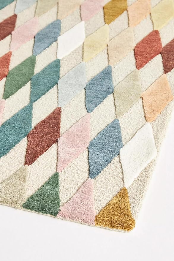 Hand-Tufted Wool Rug with Multicolor Diamond Pattern (5x5 Ft Square) - Modern Geometric Accent Rug for Living Room, Bedroom, or Office, Ivory Base