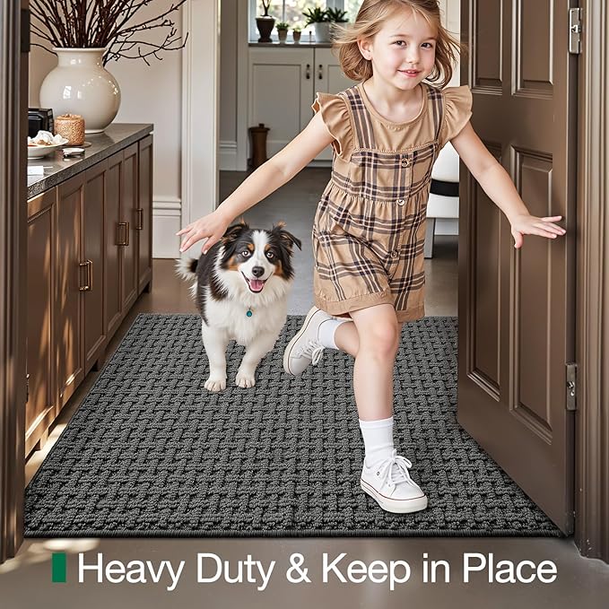 LUMI Washable Door Mat Indoor Entrance 17x30, Dirt Trapper Front Door Mats with Absorbent Interior and Non-Slip Rubber Backing, Entryway Doormat, Grey