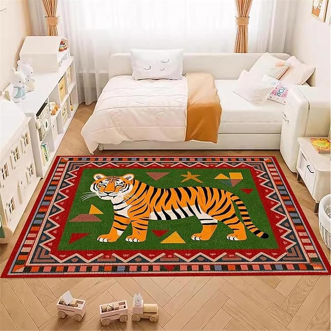 Colorful Tiger Pattern Area Rug, 3x4ft,Stylish Geometric Border Tiger Rug, Add Unique Charm To Your Home,Cute Animal Print Pattern Rugs Suitable for Children's Room Living Room Bedroom Farmhouse