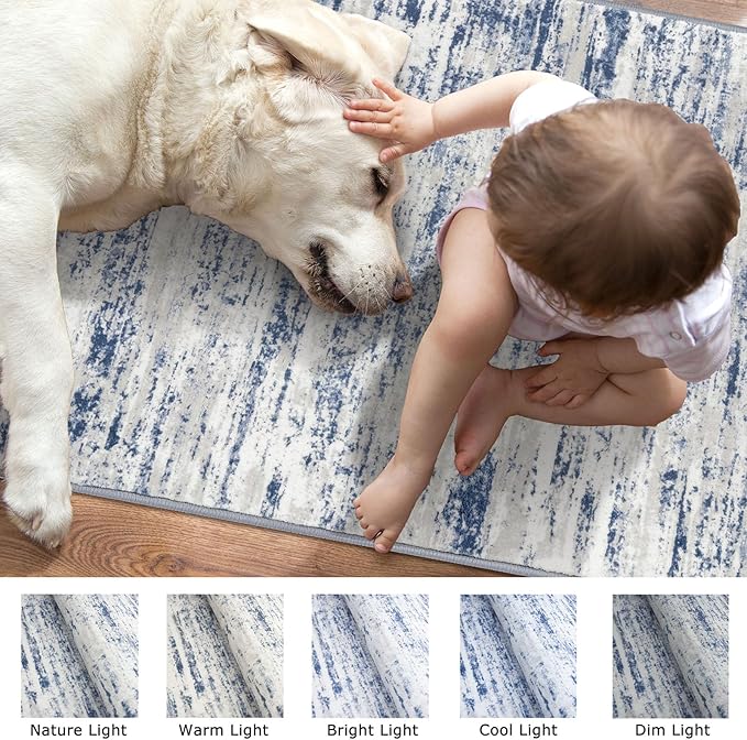 Modern Abstract Hallway Runner Rug, Blue White Washable Kitchen Runner Non-Slip Soft 2x8 Runner Rug Thin Print Faux Wool Carpet for Entryway Bedroom Laundry Room Indoor Home Decor