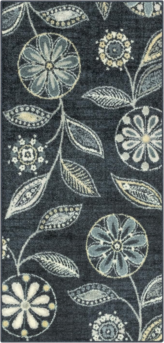 Maples Rugs Reggie Floral Runner Rug - Made in USA - Washable, Non Slip Indoor Carpet for Kitchen, Hallway, and Laundry Room, 2'6" x 5', Persian Blue