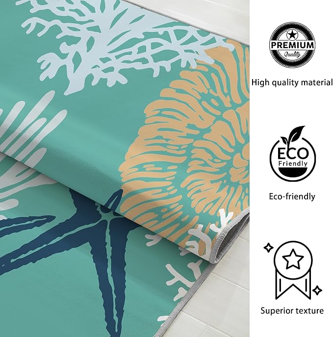Tritard Coastal Area Rugs Nautical Beach Themed Non-Slip Machine Washable Rugs Modern Floor Carpet for Living Room Bedroom, 5x7, Teal and Turquoise