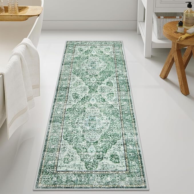 Uphome Bathroom Runner, Distressed Tribal Farmhouse Green Bathroom Mat, Large Bath Rugs Non Slip Washable, Oriental Retro Boho Bath Mat Runner for Bathtub Sink Laundry, 24x59 inch