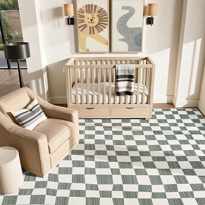 jinchan 8x10 Checkered Area Rugs for Kids Room - Machine Washable Soft Rug Modern Geometric Lattice Non-Slip Carpet for Nursery Playroom Classroom Living Room Bedroom Dining Room Home Office Grey