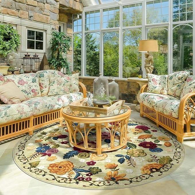 6ft Round Machine Washable Area Rug for Living Room, Green Vintage Boho Floral Rug Large Non-Slip Low Pile Soft Faux Wool Carpet, Kids and Pets Friendly for Bedroom Nursery Farmhouse Home Decor Rug