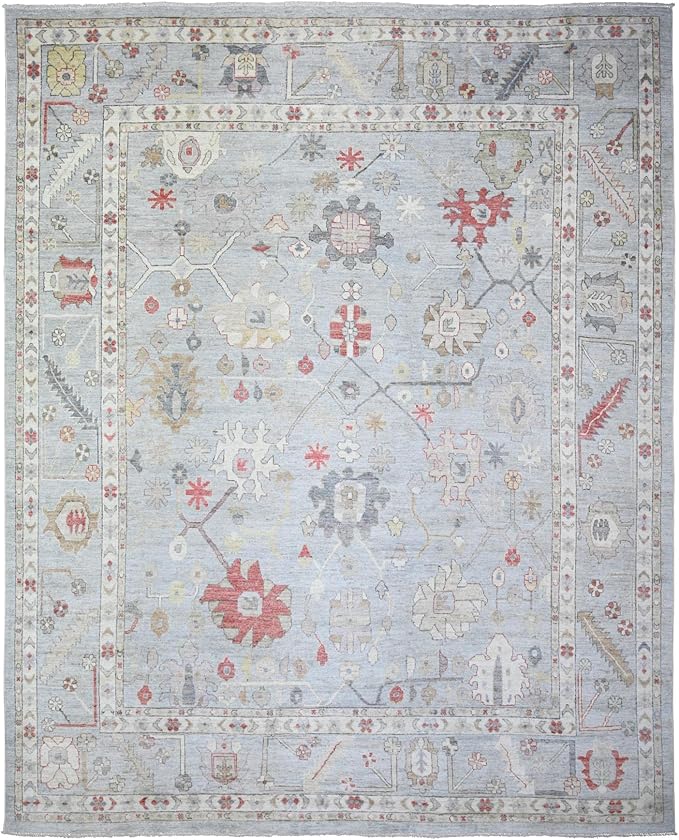 Steel Gray Pure Wool Hand Knotted Afghan Angora Oushak with All Over Pattern Natural Dyes Squarish Oriental Rug (11'9"x14')