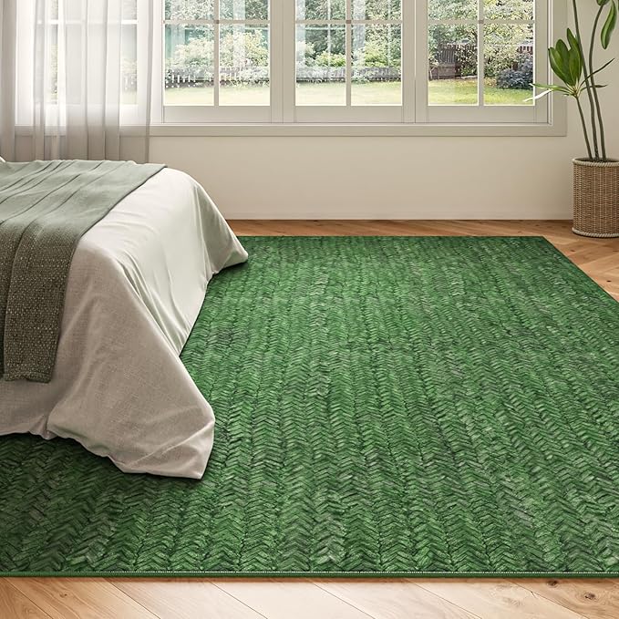 Eleisa Modern Vintage 6x9 Herringbone Chevron Area Rug for Living Room, Green, Non-Slip Stain Resistant Washable Rug, Farmhouse Home Decor Carpet for Bedroom, Kitchen, Dining Room