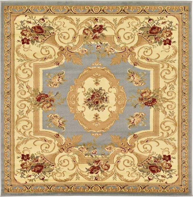 Unique Loom Versailles Collection Traditional Classic Floral Motif Area Rug (6' 0 x 6' 0 Square, Slate Blue/ Ivory)