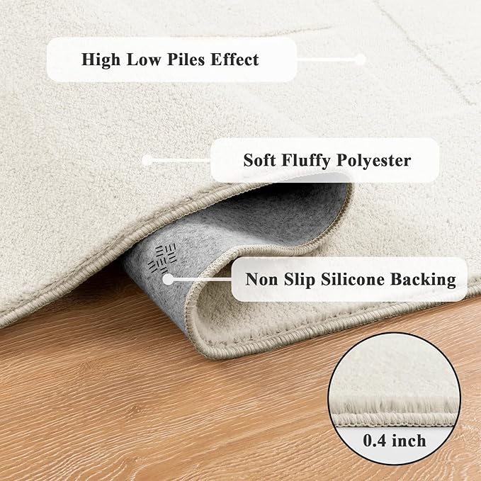 SHACOS Soft Cozy Fluffy Abstract Geometric High Low Pile Area Rugs 4'x6' Non Slip Washable Scandinavian Minimalist Rug Modern Carpet for Living Room Bedroom Dining Room, Cream