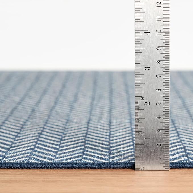 Dash & Albert Herringbone Navy Machine Washable Rug, 7.5 X 9.5 Feet, Blue Geometric Pattern