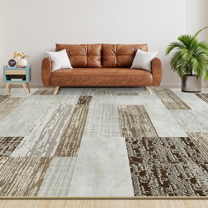 Large Area Rugs,Modern Geometric Patchwork Floor Decor for Bedroom Aesthetic Carpet, Rockwood Collection, Indoor Rugs for Living Room, Dining Room, Nursery, Office, Machine Washable Rug,5x8 Ft Beige
