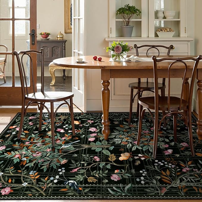 Morebes Boho Flower Rug for Living Room Non Slip, Washable Area Rugs 5x7, Soft Black Floral Birds Low-Pile Floor Indoor Throw Carpet for Bedroom Dining Room Dorm Playroom Foyer Office