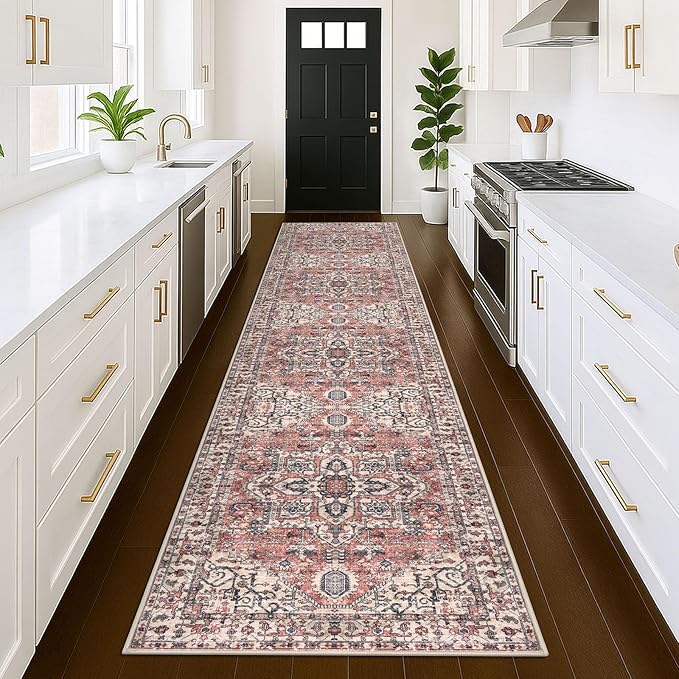 KOZYFLY Runners for Hallways 3x12 Ft Extra Long Washable Faux Wool Thin Hallway Rug Boho Runner Carpet Printed Entryway Rug for Bedroom Stairs Kitchen Living Room Hall, Terracotta/Beige