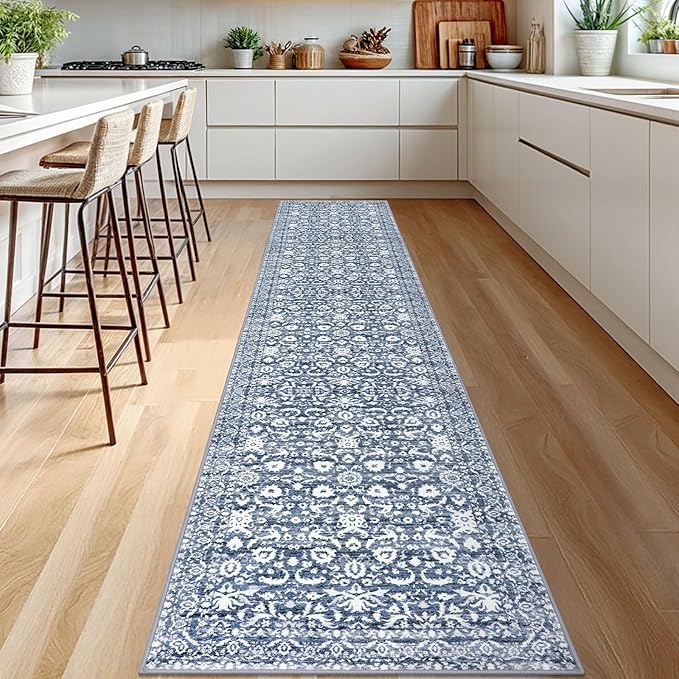 Runner Rug 2.6x12, Light Blue White Washable Long Hallway Rug Runner Non-Slip Soft Kitchen Runner Thin Printed Faux Wool Super Soft Carpet for Entryway Bedroom Laundry Room Indoor Home Decor