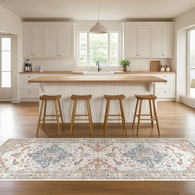 Runner Rug Kitchen Washable Rugs: 3x8 Non-Slip Boho Vintage Distressed Stain Resistant Indoor Neutral Farmhouse Throw Carpet for Hallway Bathroom Laundry Room Entryway Bedroom- Beige Blue