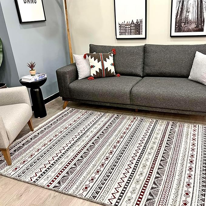 Alfa Rich 7x10 Red Burgundy White Gray Washable Area Rugs for Living Room Bedroom Kitchen Cotton Rug