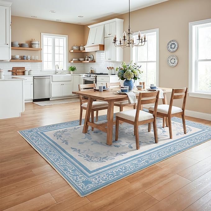 SOULFUL Medium Pile 4x6 Rugs for Living Room - Cozy Soft Underfoot Area Rug - Mist Blue Boho Floral - Washable Non-Slip - Perfect for Bedroom Kids Room Under Dining Table Office
