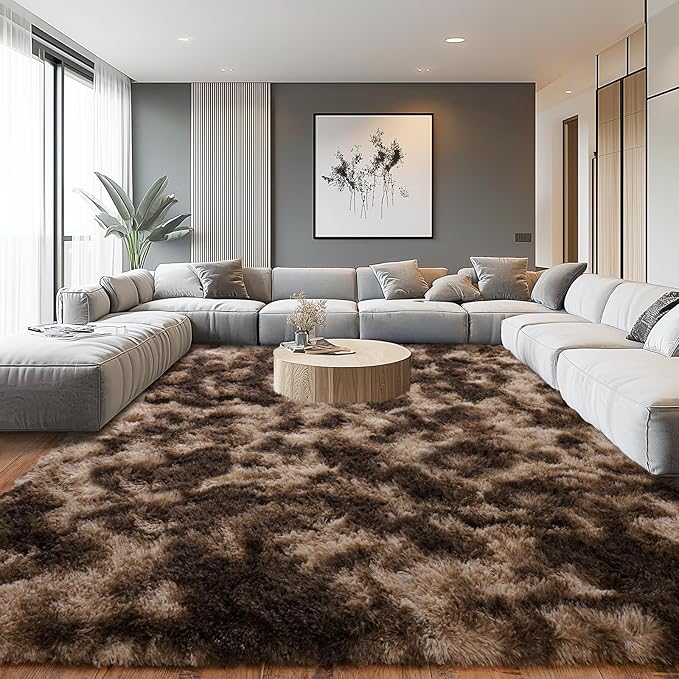 Extra Large Plush Rug High Pile Fluffy Rug for Living Room, Big Plush Non-Skid Shag Carpet, Soft Shaggy Rugs for Bedroom Indoor Modern Home Decor Tie Dye Coffee 9x12ft
