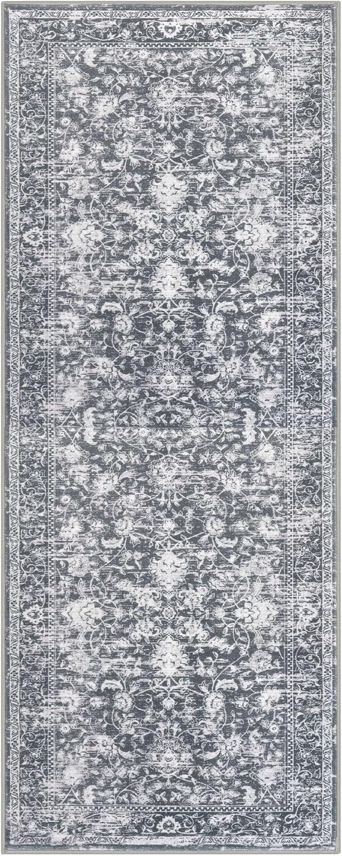 KILOCOCO Hallway Runner 2x5 Kitchen Runner Rug Printed Vintage Floral Washable Non-Slip Runners for Hallways Laundry Room Rugs Distressed Boho Rug Runners for Bedroom, Grey