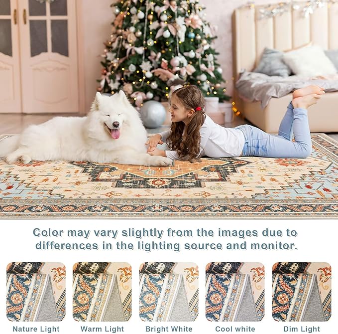 3x5 Orange Beige Area Rug for Living Room, Machine Washable Rugs with Non-Slip Backing for Bedroom, Vintage Medallion Carpet Kitchen Laundry Kids Room Decor