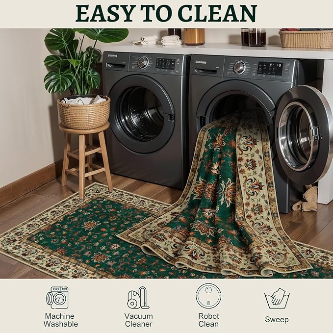 Tangsoo 2x3 Washable Rugs for Entryway, Small Area Vintage Floral Rug Non-Slip Soft Low Pile Rugs, Small Carpet Door Mat, Front Door Indoor Throw Rug for Entrance Kitchen Entry, Home Decor Green