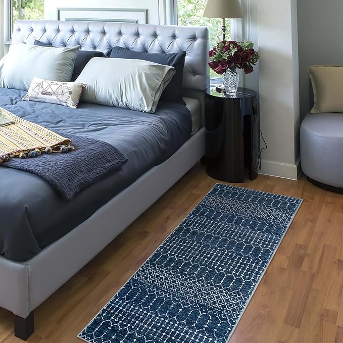 Lahome Moroccan 2x5 Washable Blue Runner Rug, Non-Slip Low-Pile Stain Resistant Kitchen Rugs, Geometric Soft Bathroom Runner Carpet for Entrance Bedroom Laundry (Blue,2'x5')