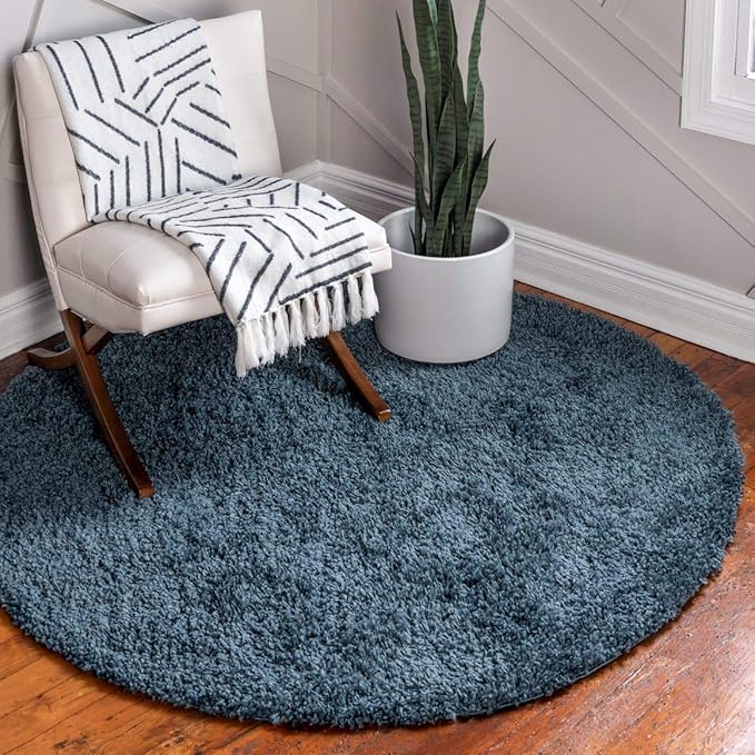 Unique Loom Davos Shag Collection Area Rug - Solid (3' 3" Round, Marine Blue)