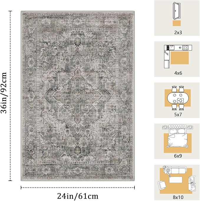 2x3 Machine Washable Area Rug for Entryway, Olive Grey Boho Vintage Floral Rug Non-Slip Low Pile Soft Faux Wool Small Carpet, Kids and Pets Friendly for Bedroom Kitchen Hallway Bedside Home Decor Rug