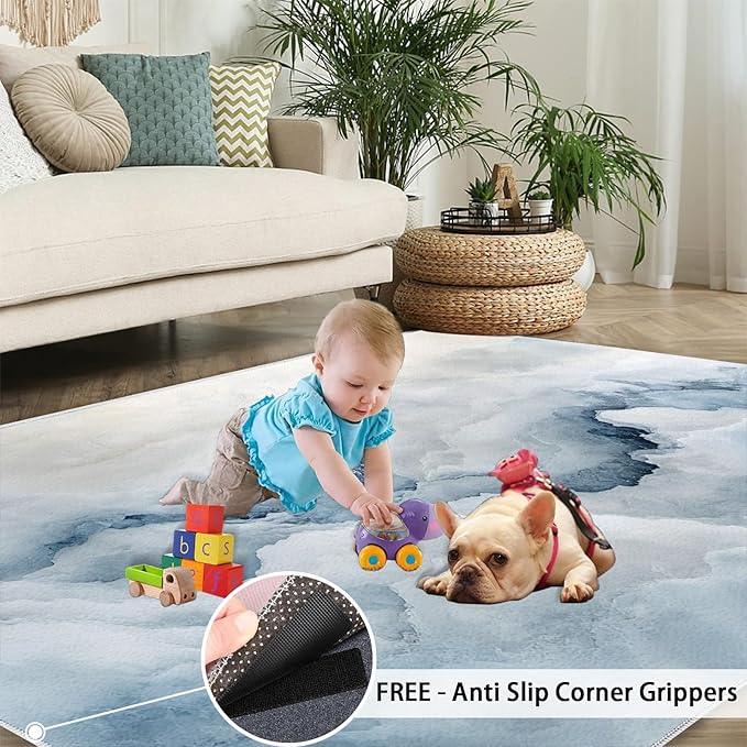 Modern Simple Art Rugs for Bedroom - 5x7 Area Rug - 3D Cloud Marble Rugs for Living Room, Abstract Mist Marble Rug, Washable Home Decor Carpet
