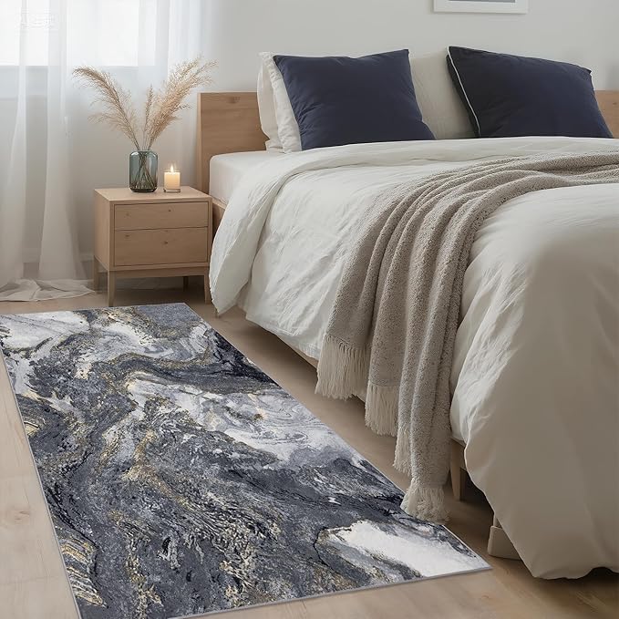 Abstract 2x6 Runner Rug: Modern Washable Rug for Entryway Hallway Bedside Kitchen Indoor - Non Slip Thin Low Pile - Black Gold