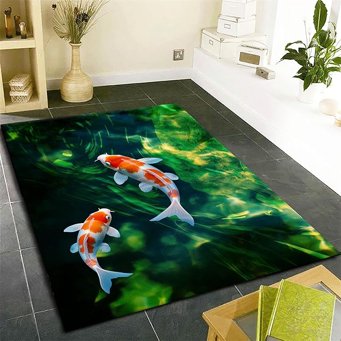 Green Pond Koi Fish Area Carpet, 4x5ft, 3D Realistic Underwater Koi Printed Carpets, Chinese Natural Landscape Soft Low Pile Rug, with Non Slip Backing Pet Friendly Rugs for Entryway