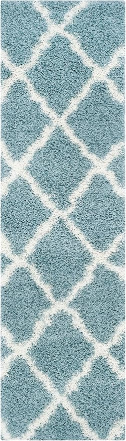 SAFAVIEH Dallas Shag Collection Runner Rug - 2'3" x 18', Seafoam & Ivory, Trellis Design, Non-Shedding & Easy Care, 1.5-inch Thick Ideal for High Traffic Areas in Living Room, Bedroom (SGD257C)