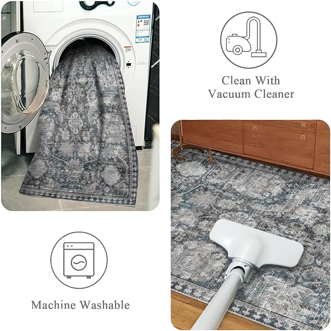 RUGSURE Washable Area Rugs - Perfect for Living Room, Bedroom, Kids Room, Nursery - Stain & Water Resistant Non-Slip, Pet & Child Friendly, Vintage Tribal Area Rugs (Grey and Blue, 3' x 5 ')