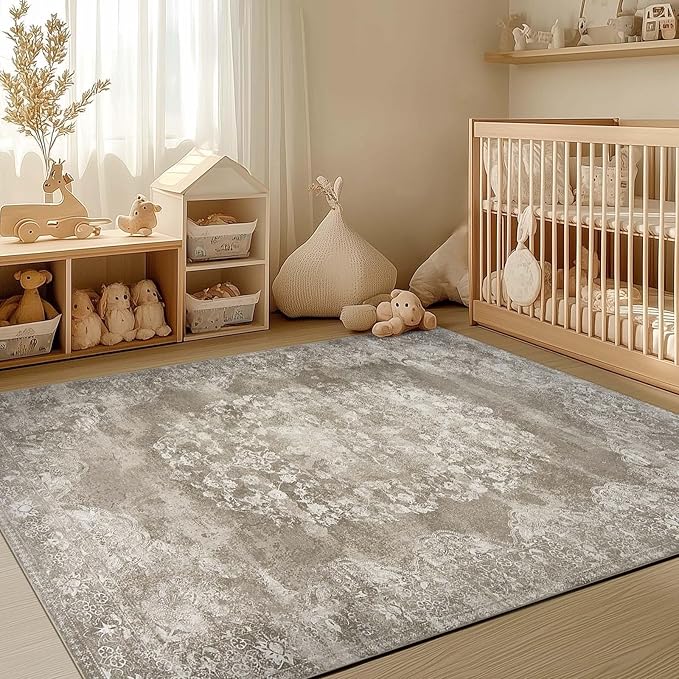 jinchan Vintage Floral 4x6 Area Rugs - Machine Washable Distressed Design Soft Ultra-Thin Low-Pile Non-Slip Carpet for Entryway Kitchen Bedroom Nursery Living Room Dining Room (4x6ft, Brown)