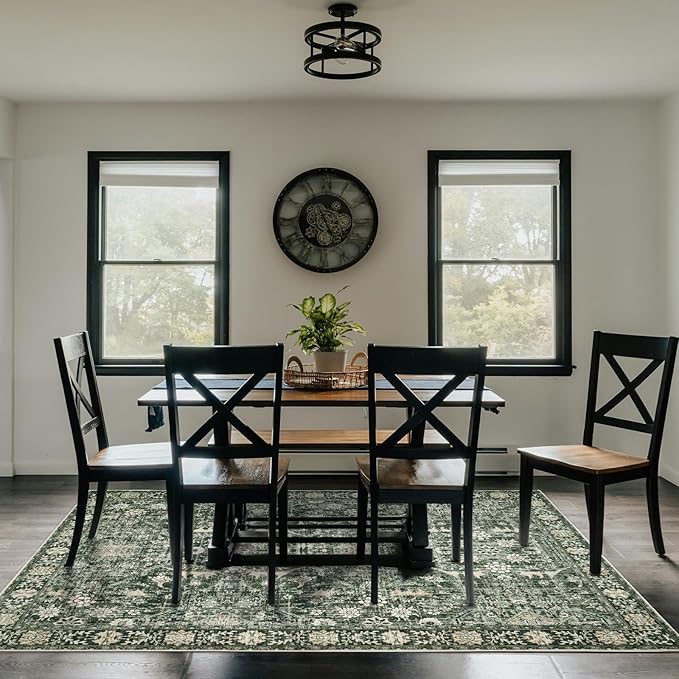 Area Rug 9×12 Washable Rugs for Bedroom, Vintage Floral Rug Soft Non Slip Stain Resistant Carpet for Living Room Dinning Room Kitchen Home Office Green Black