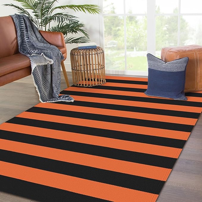 KOZYFLY Striped Outdoor Rug 4x6 Ft Orange and Black Halloween Fall Hand Woven Area Rug Washable Outdoor Doormats Indoor Entrance Mat for Front Door Kitchen Entryway Patio Front Porch Decor