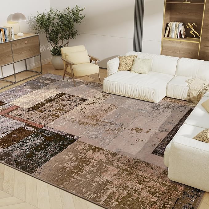 LOCHAS Rug for Living Room, Washable Soft Area Rugs for Bedroom 8x10, Abstract Carpet for Office Kids Dining Room Nursery Floor, Brown Pink Geometric Vintage Home Decor, Non Slip, Pet Child Friendly