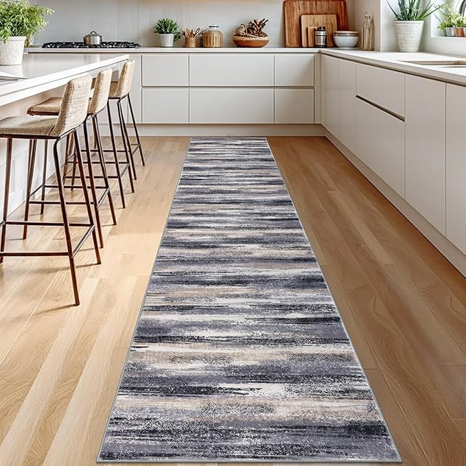 Modern Abstract Runner Rug 2.6x12, Grey Black Multi Washable Long Kitchen Runner Non-Slip Soft Hallway Rug Runner Thin Print Faux Wool Carpet for Entryway Bedroom Laundry Room Indoor Home Decor