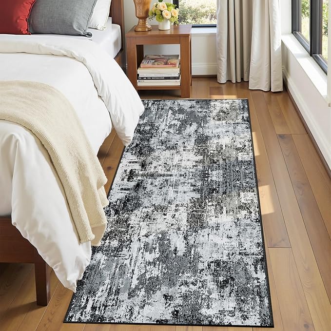 Washable Area Rugs 2'x6' Non-Slip Modern Abstract Soft for Living Room Entryway Bedroom Nursery, Print Pattern, Black Gray
