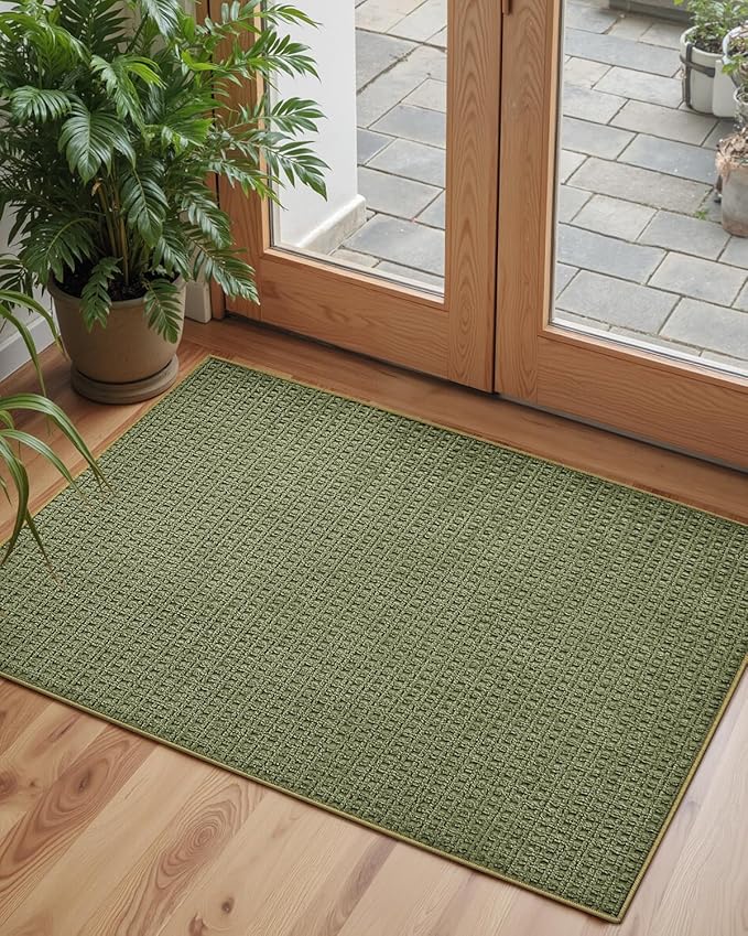 Color&Geometry Front Door Mat Indoor Non Slip Rubber Backing, 36"x55" Ultra Thin Entryway Doormat, Soft Absorbent Inside Doormat Washable Easy Clean Rugs for Entryway, Green (Rolled-up NO Creases)