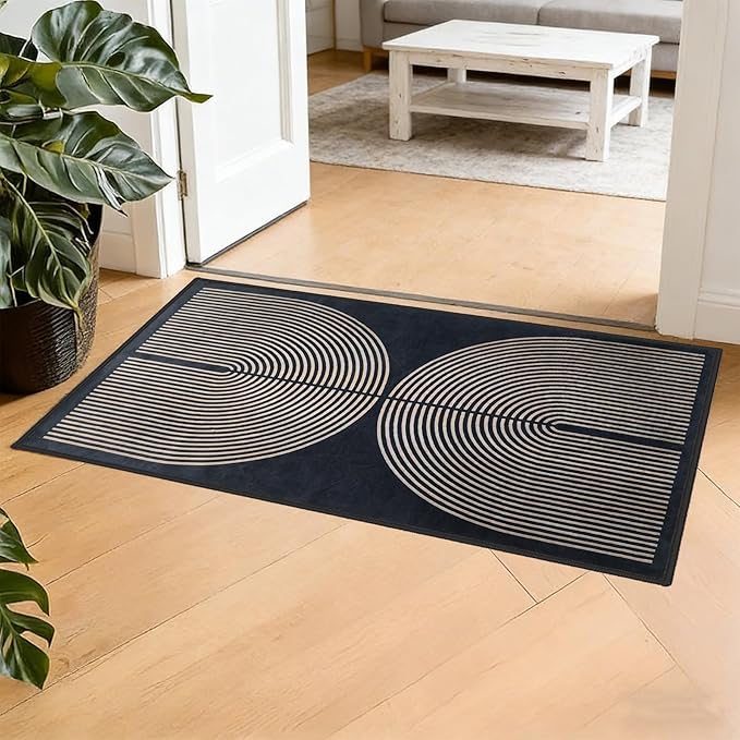 Modern Rainbow Area Rug 2x3 Black Soft Plush Low Pile Non-Slip Washable Doormat, Farmhouse Kitchen Bathroom Mat for Entrance Bedroom Laundry Room