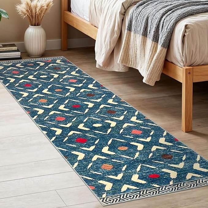 KILOCOCO Kitchen Runner Rug 2x6 Washable Runner Rug Soft Hallway Runners Non Slip Printed Distressed Laundry Room Rugs, Low-Pile Runners for Entryway Bedroom Living Room, Teal/Blue